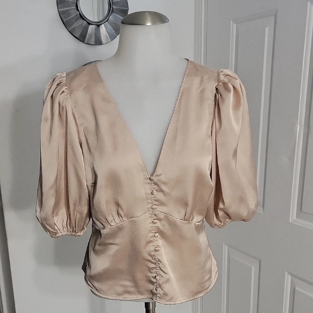 Abercrombie & Fitch Deep V Ruched Puff Sleeve  Button Front Blouse M